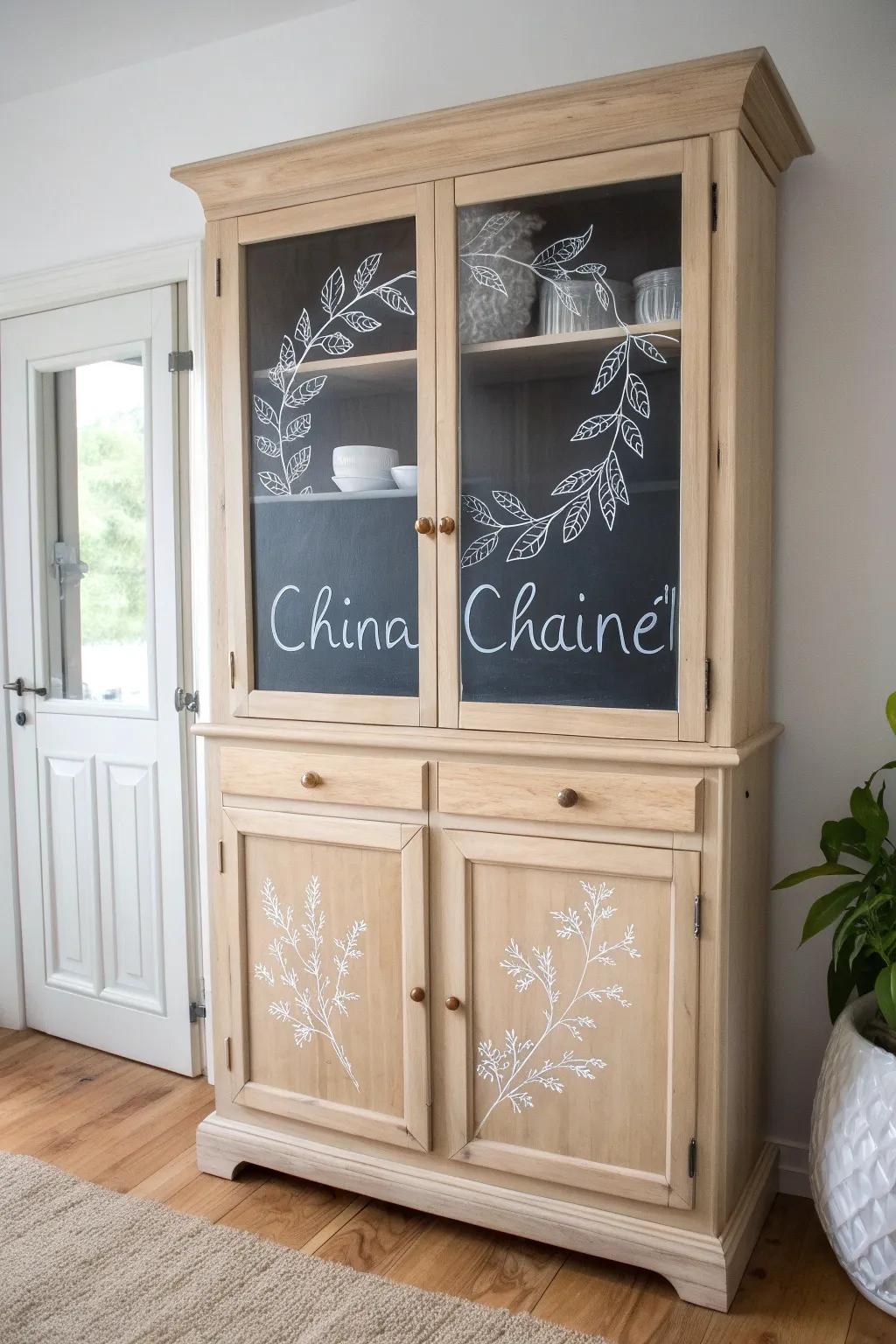 Transform your space with chic chalkboard doors on a minimalist china cabinet – perfect for notes and seasonal doodles!