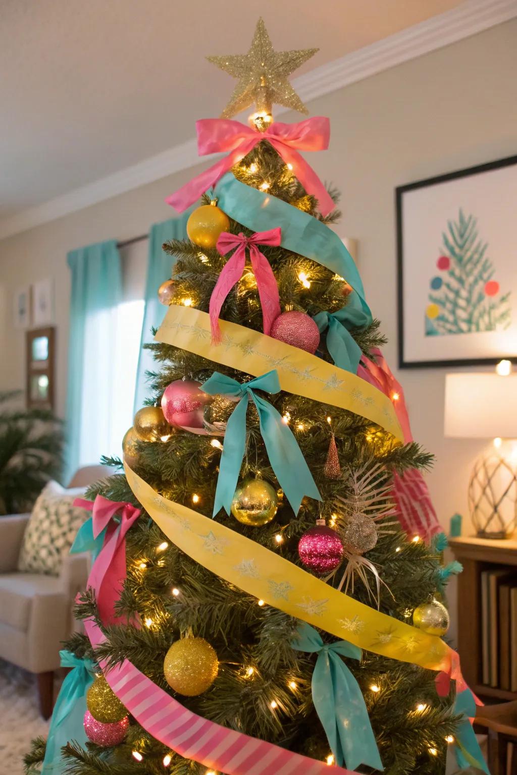 Brightly colored ribbons create a cheerful and tropical escape for the holidays.