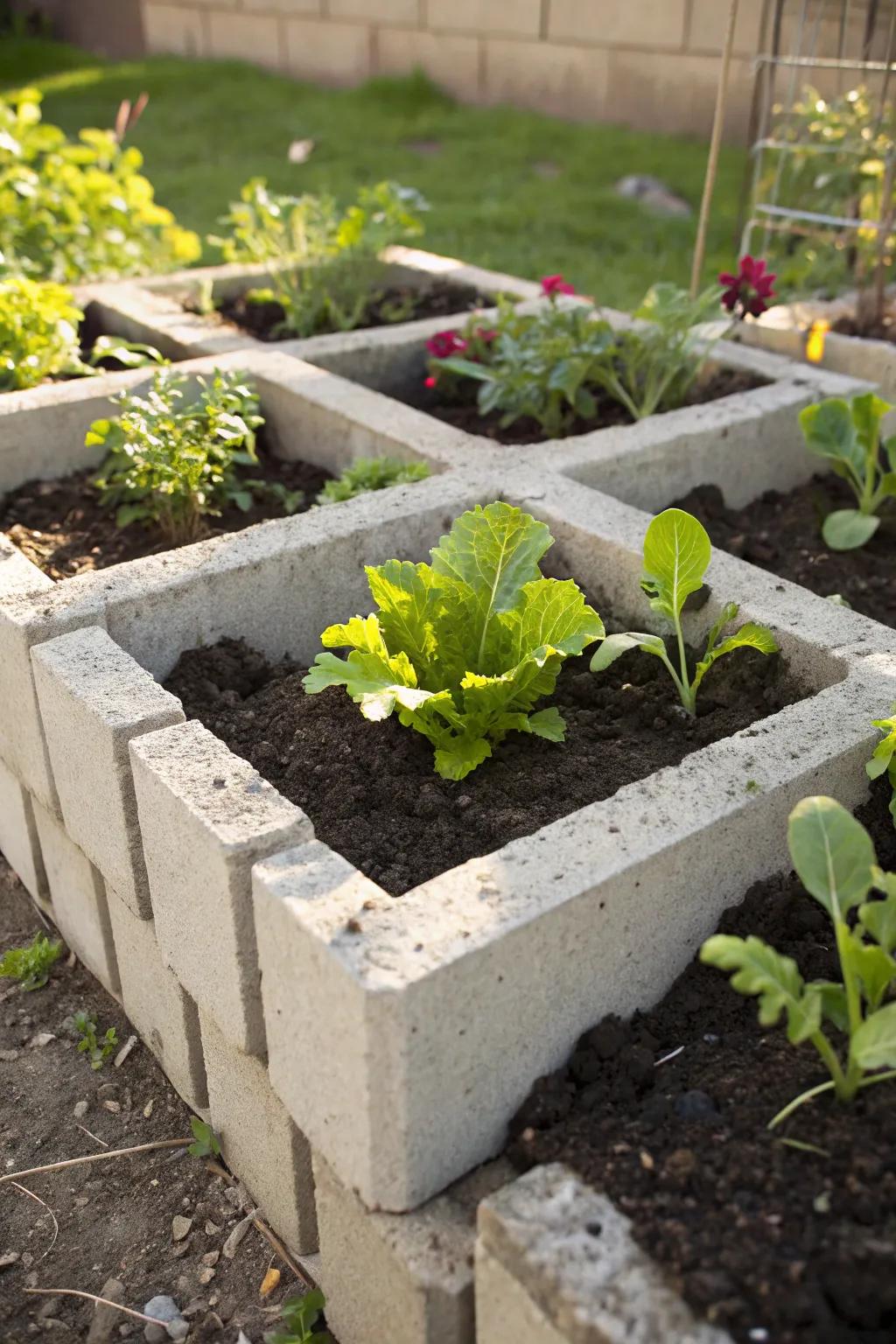 Elevate your garden game with these expertly crafted cinder block raised beds, perfect for nurturing a thriving veggie patch.
