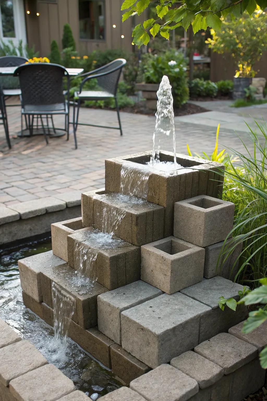 Transform your patio with a handcrafted cinder block water feature for ultimate tranquility.