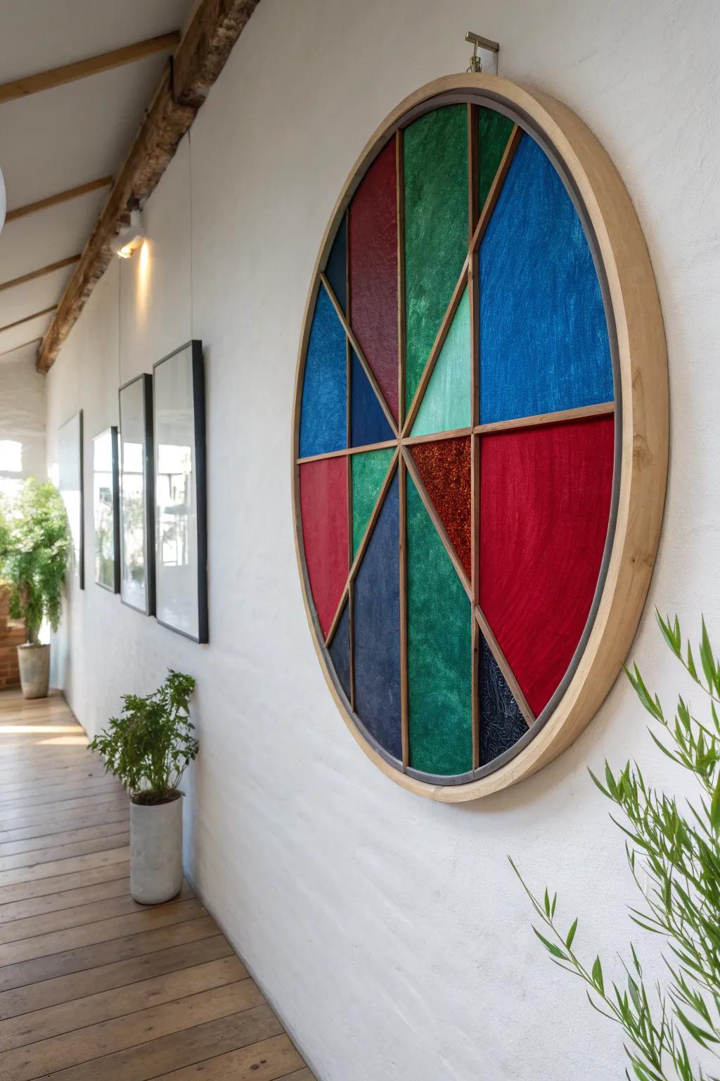 Bring artistic light into your space with this faux stained glass circle masterpiece.