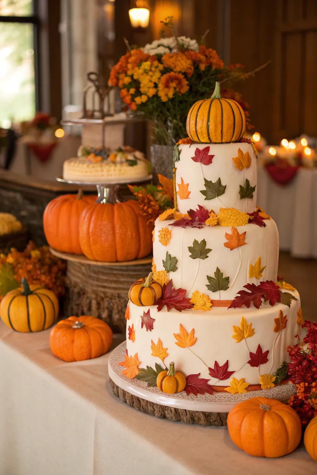 A cake with pumpkin shapes and colors adds a festive seasonal touch.