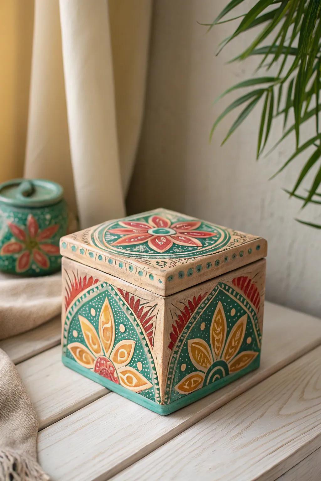 Discover the charm of bohemian elegance with this exquisite clay box, perfect for your treasured trinkets.