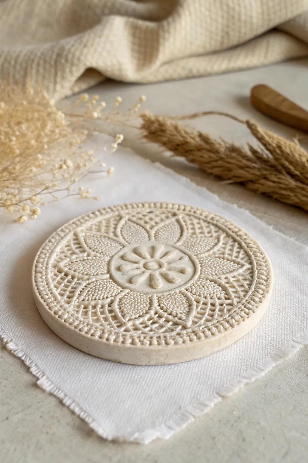 Elevate your tableware with the timeless elegance of lace-pressed clay coasters.