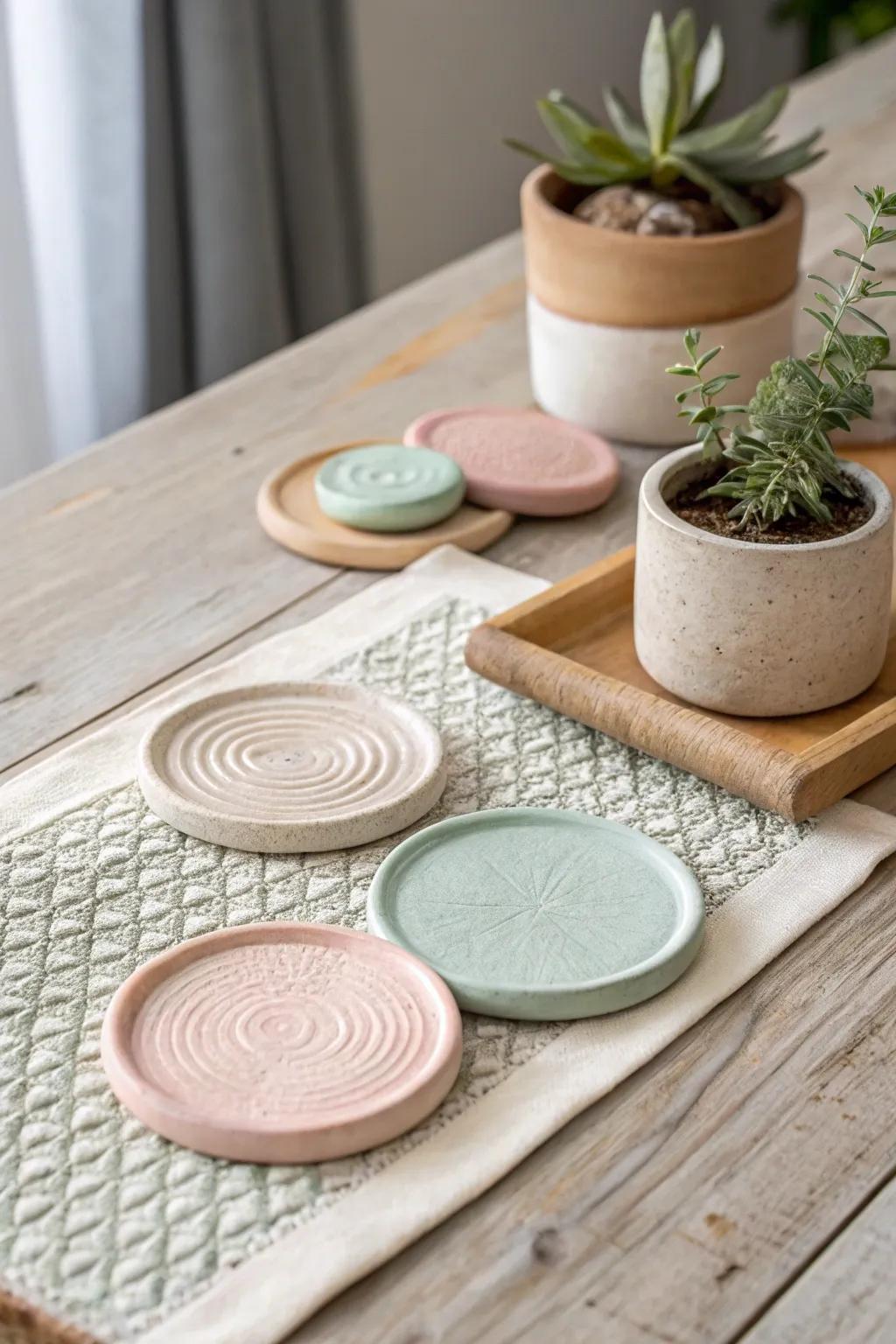 Elevate your coffee table with these stunning handcrafted clay coasters – the perfect blend of style and functionality.