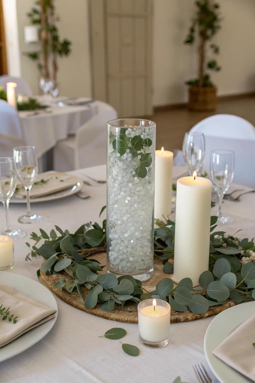 Elevate your wedding table with the enchanting sparkle of clear Orbeez. Simple elegance meets natural beauty.