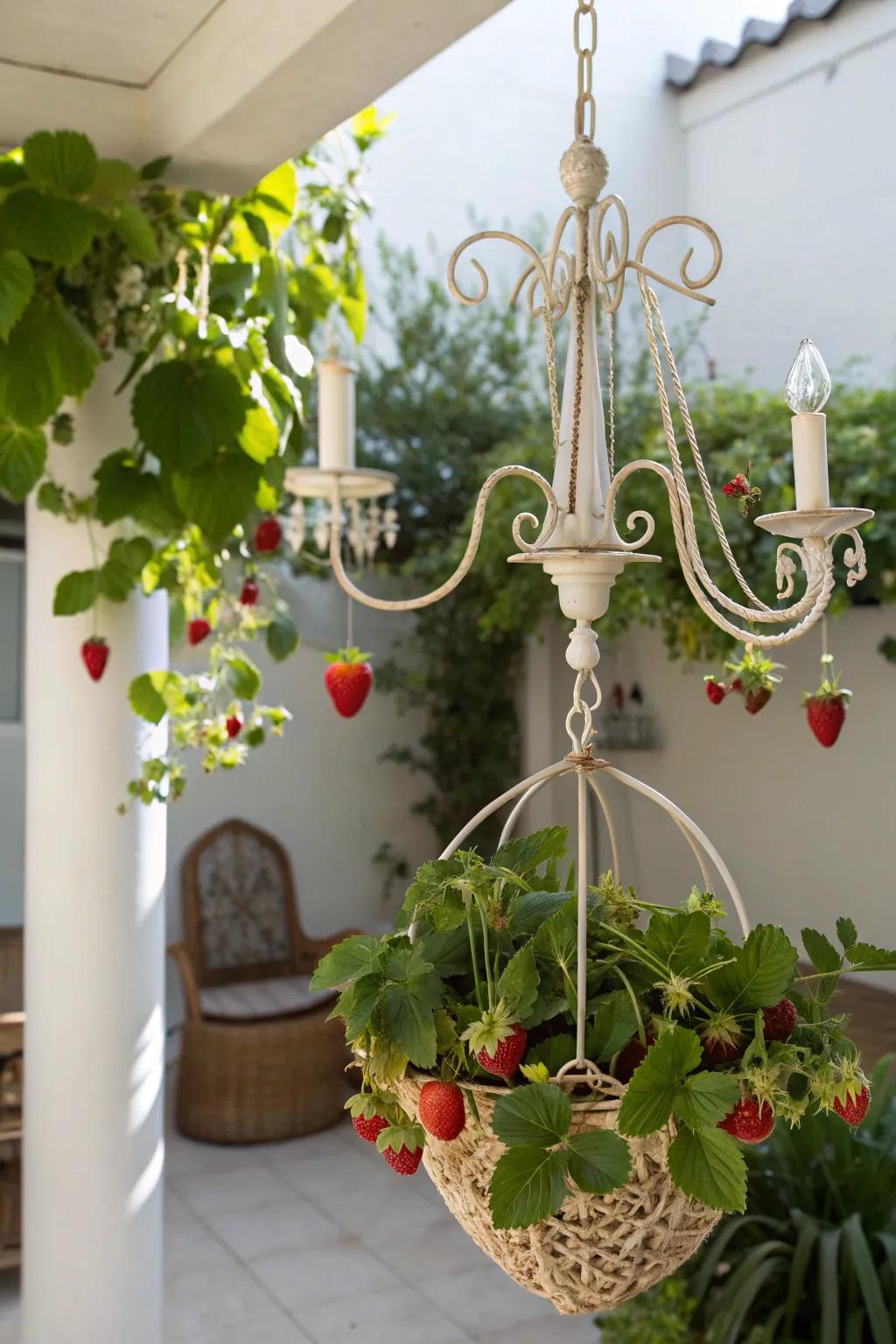 Transform your garden with chandelier charm—where elegance meets nature in a stunning strawberry display.