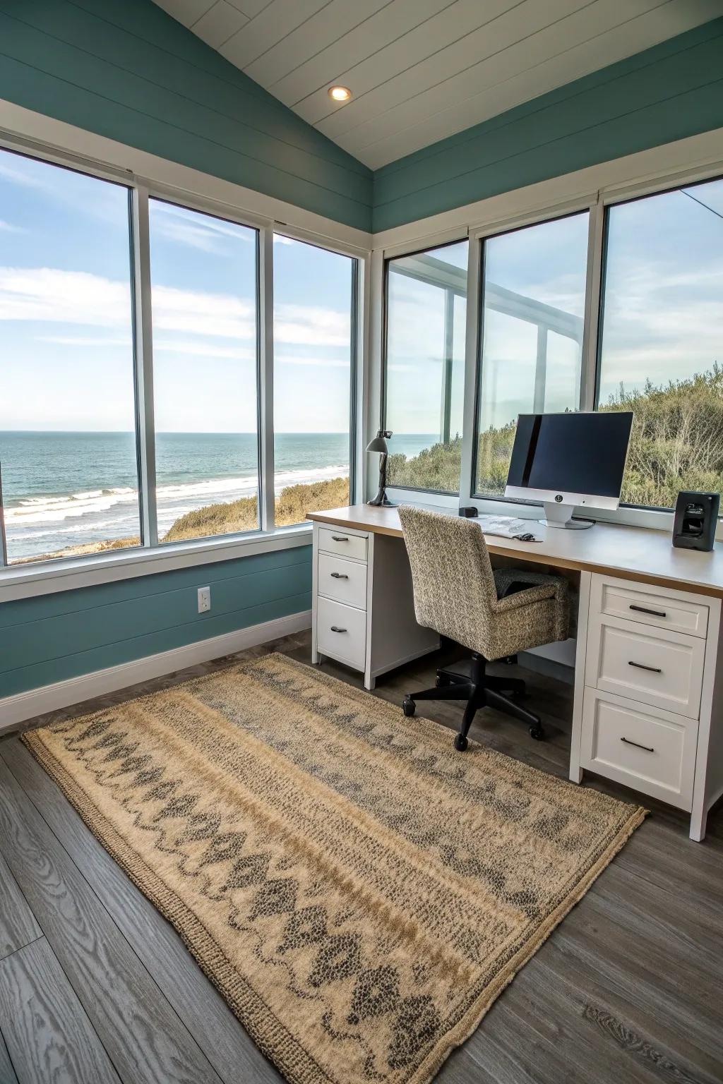 A rug adds warmth and defines the workspace.