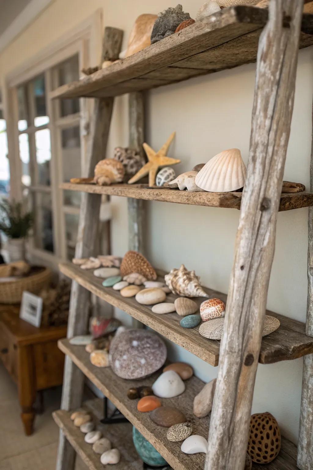 Beachcomber shelves highlight personal seaside collections.