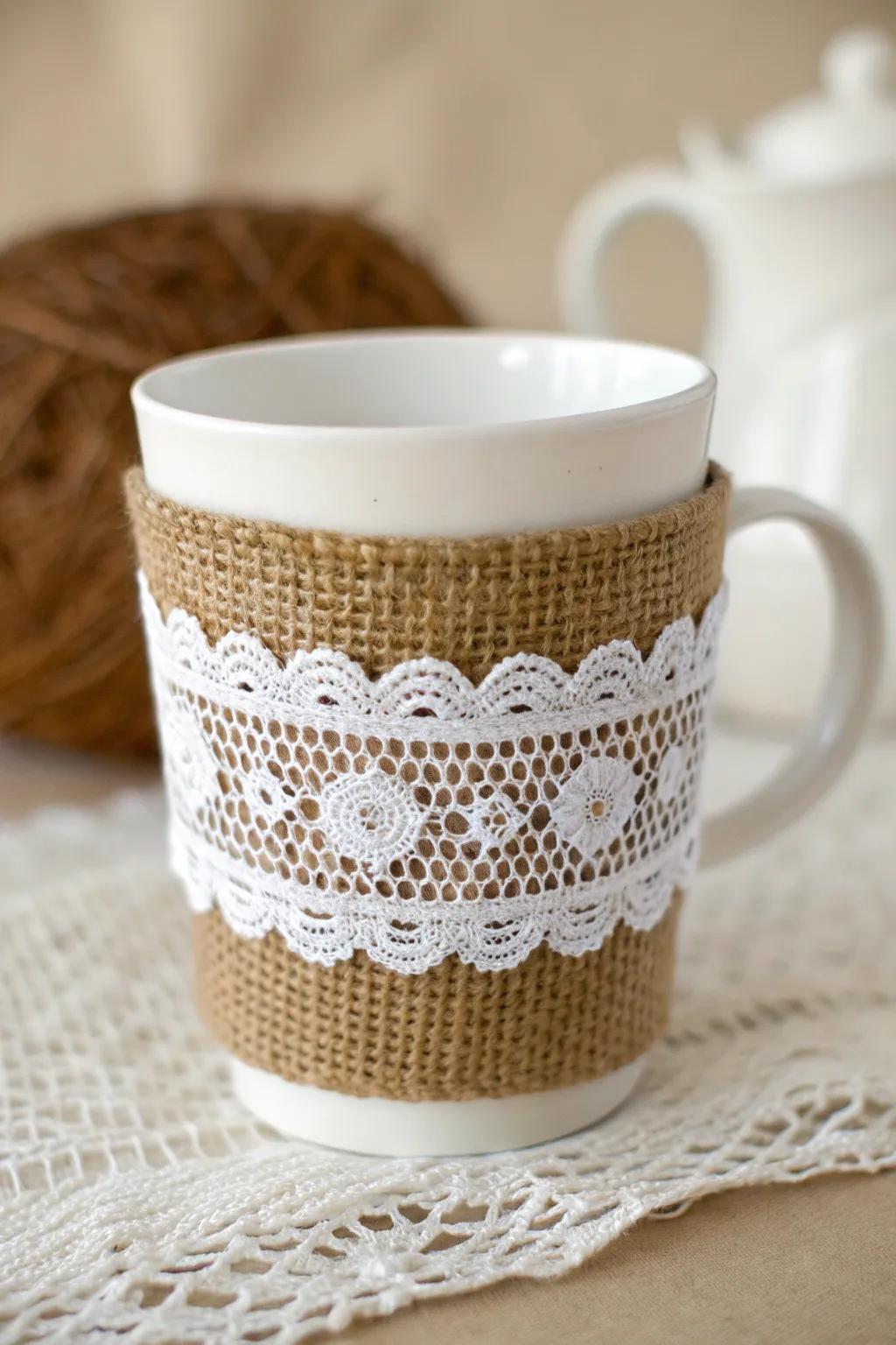 Elevate your coffee break with a touch of rustic elegance—fabric fusion at its finest!