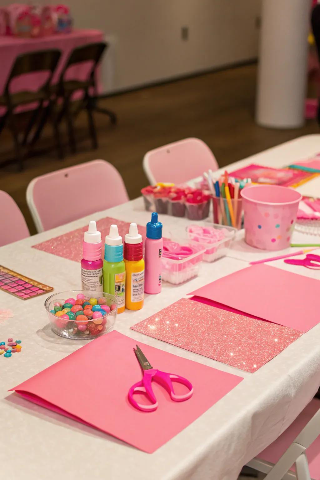 A creative pink arts and crafts corner for all ages.