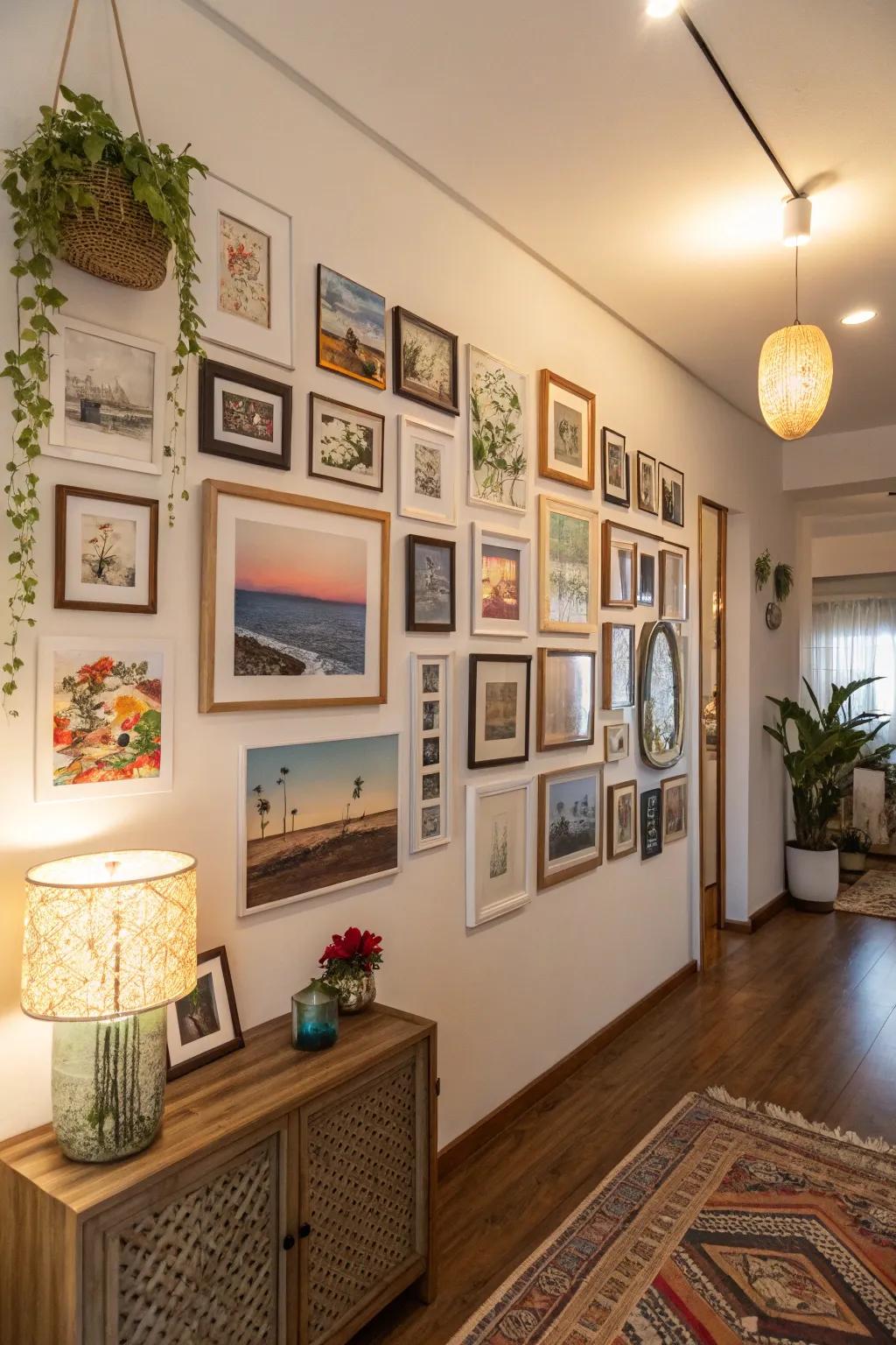 An eclectic gallery wall showcases personality and creativity.