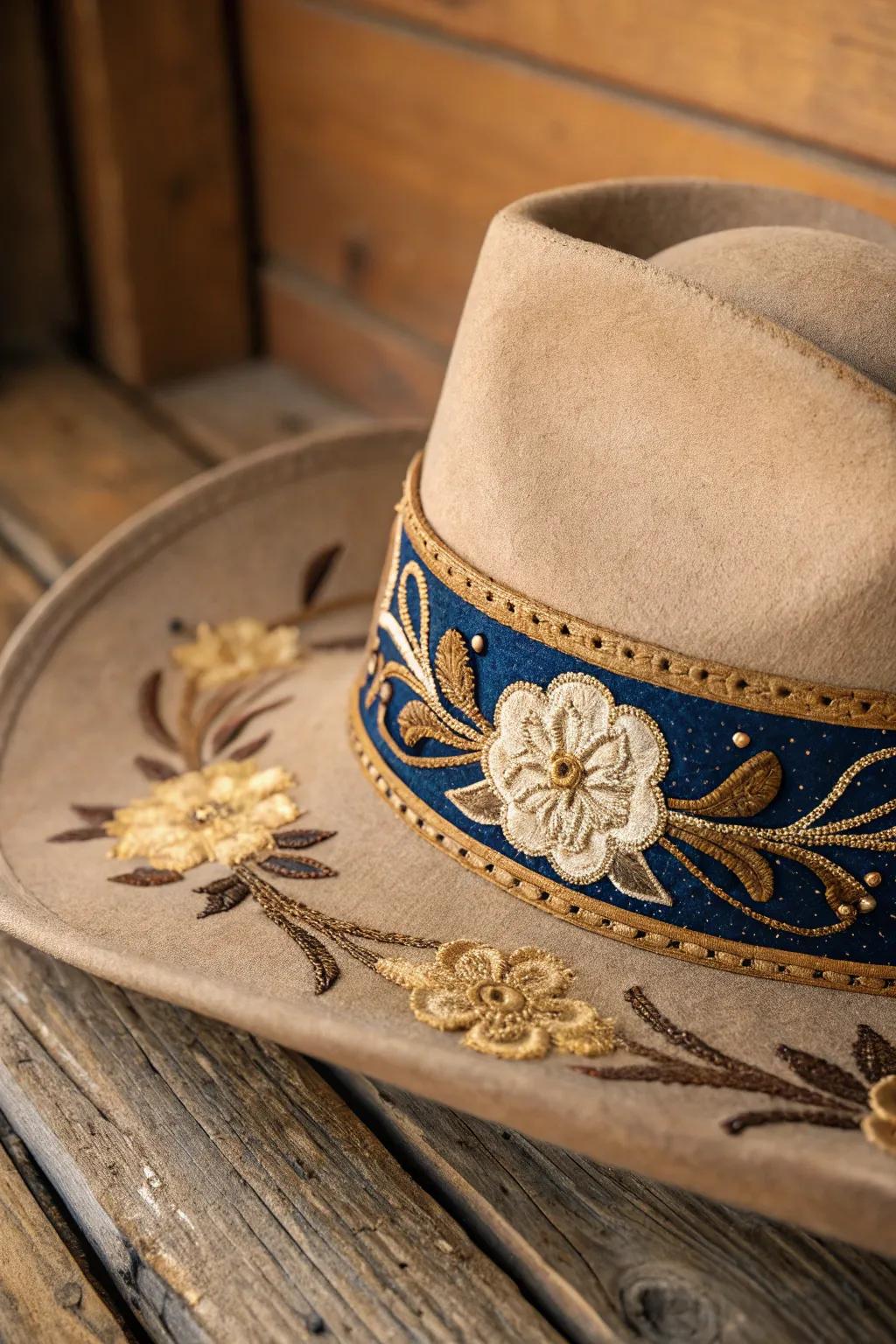 Elevate your cowboy hat with embroidered elegance and craftsmanship.
