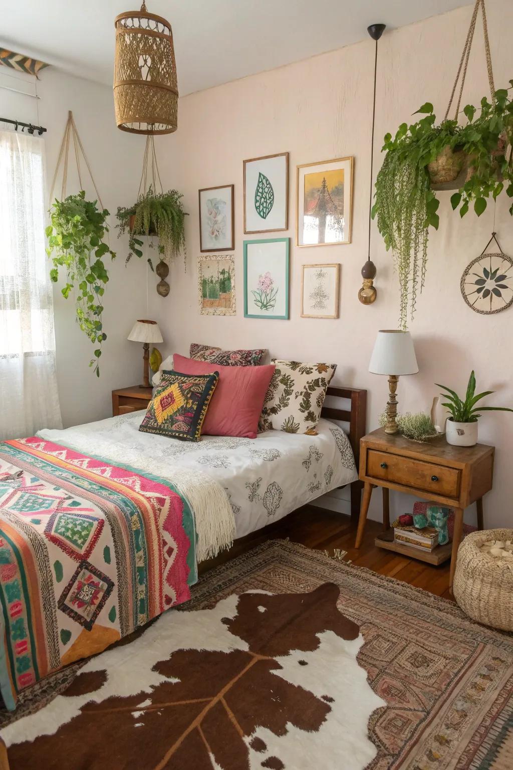 Bohemian bedroom featuring an eclectic mix with a cowhide rug.