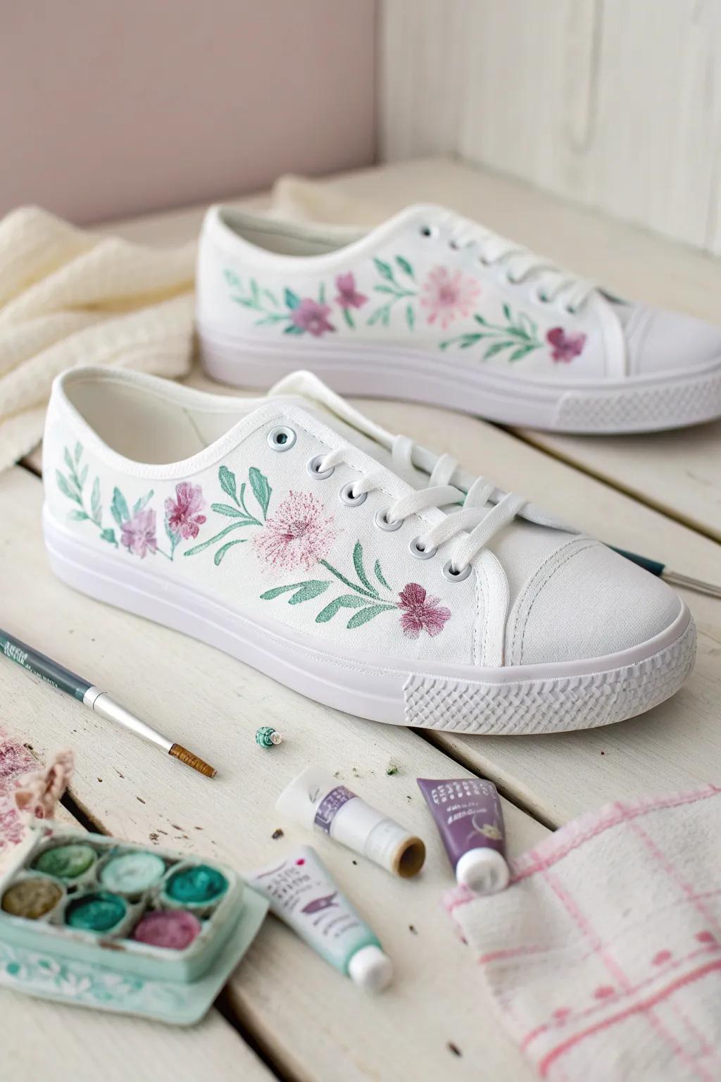 Give your sneakers a chic makeover with hand-painted floral designs. Embrace your unique style!