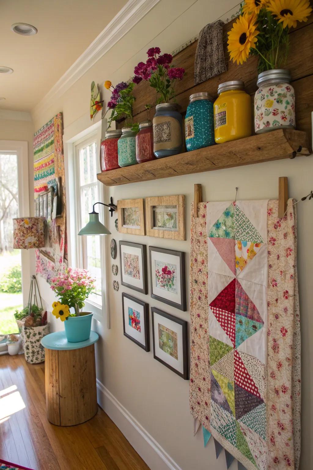 Upcycled art installations add uniqueness and sustainability.