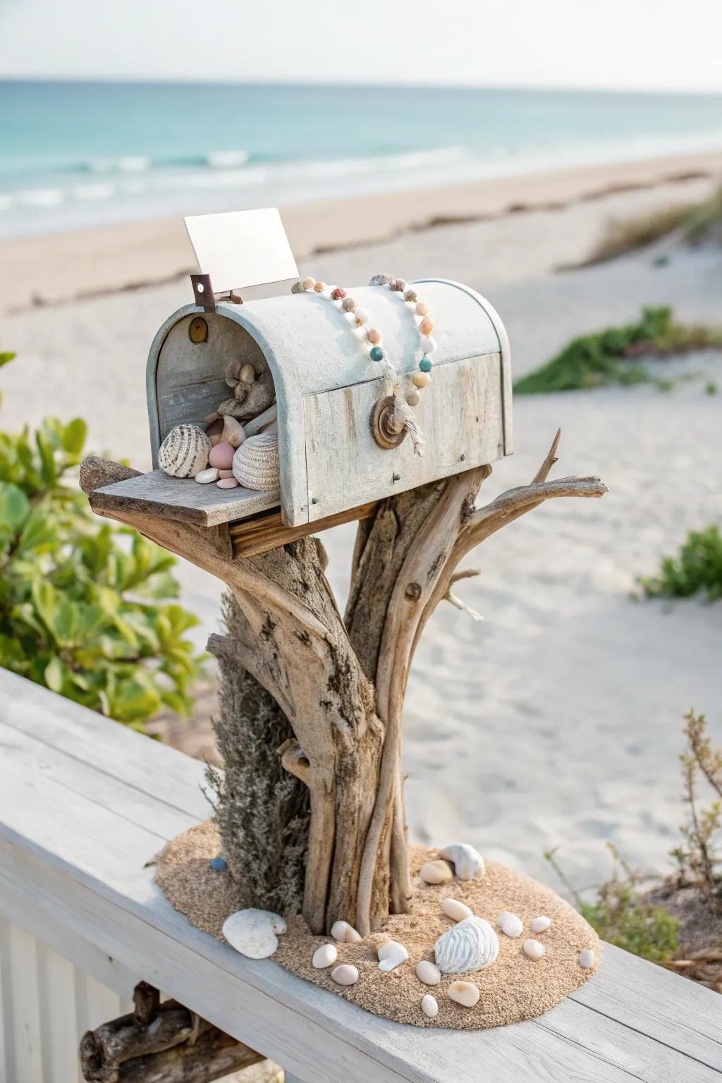 Bring the beach to your doorstep with a driftwood mailbox that whispers coastal dreams.