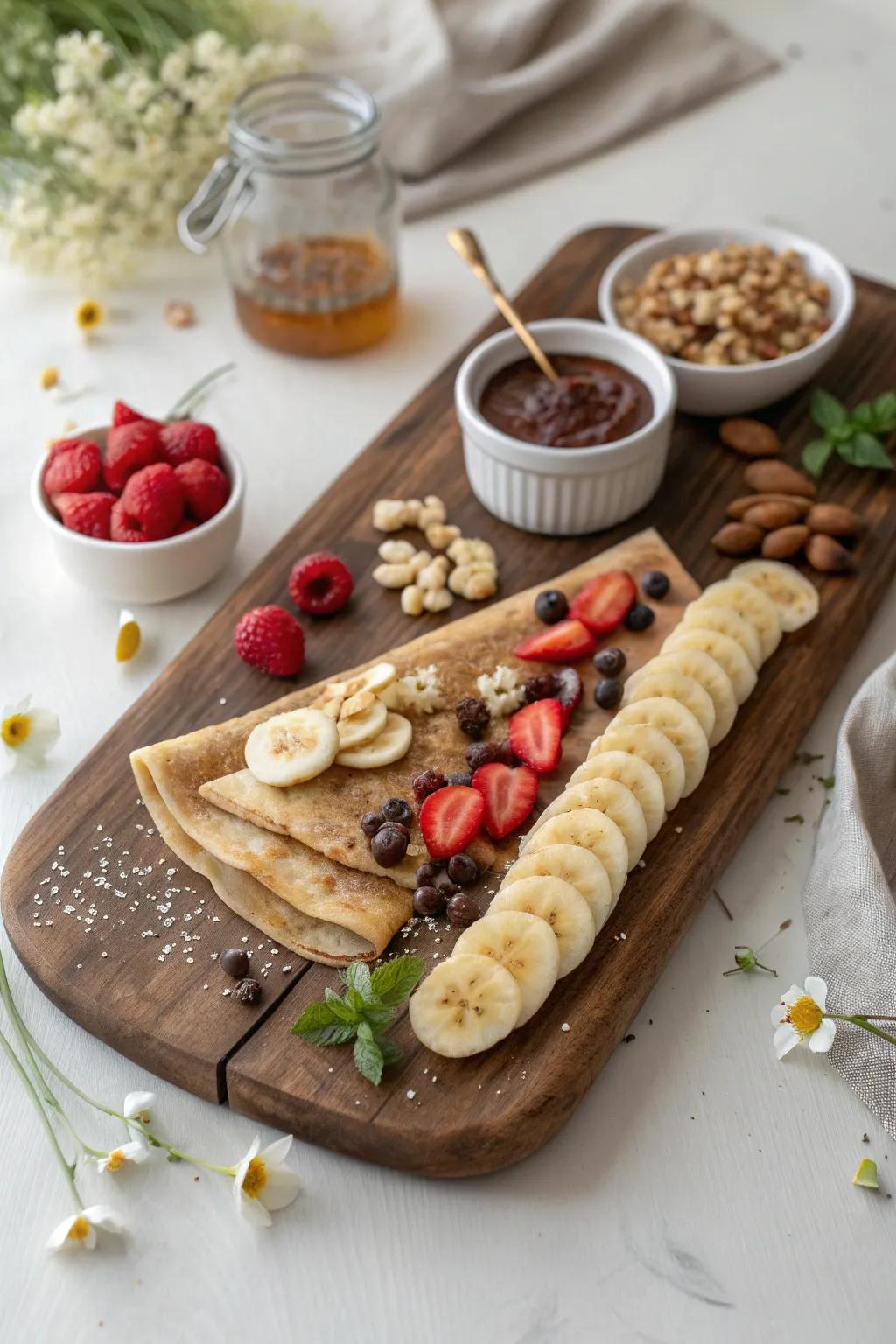 Dive into a world of flavors with this beautifully arranged crepe toppings board—where creativity meets simplicity.