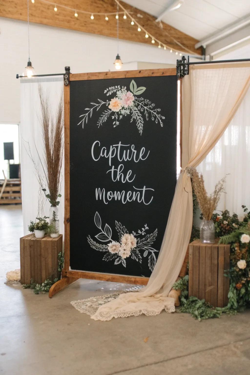 Capture timeless memories with this stunning chalkboard vinyl photo booth backdrop, perfect for your big day.