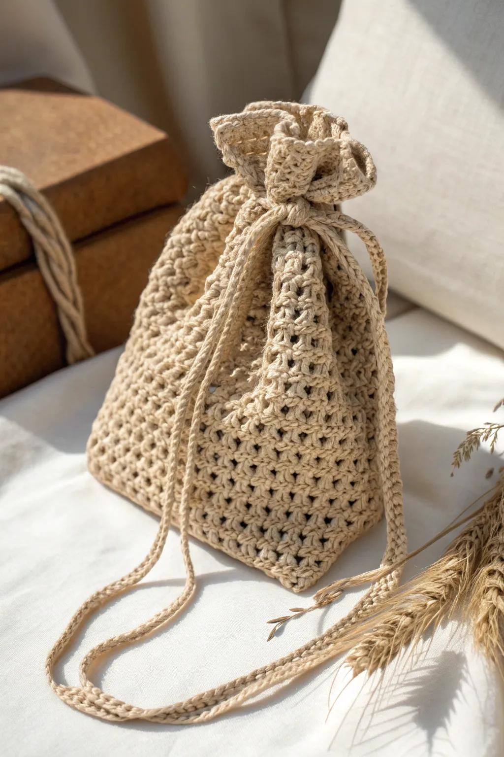 Elevate your gift-giving with this exquisite crochet tie gift bag, a perfect blend of simplicity and craftsmanship.