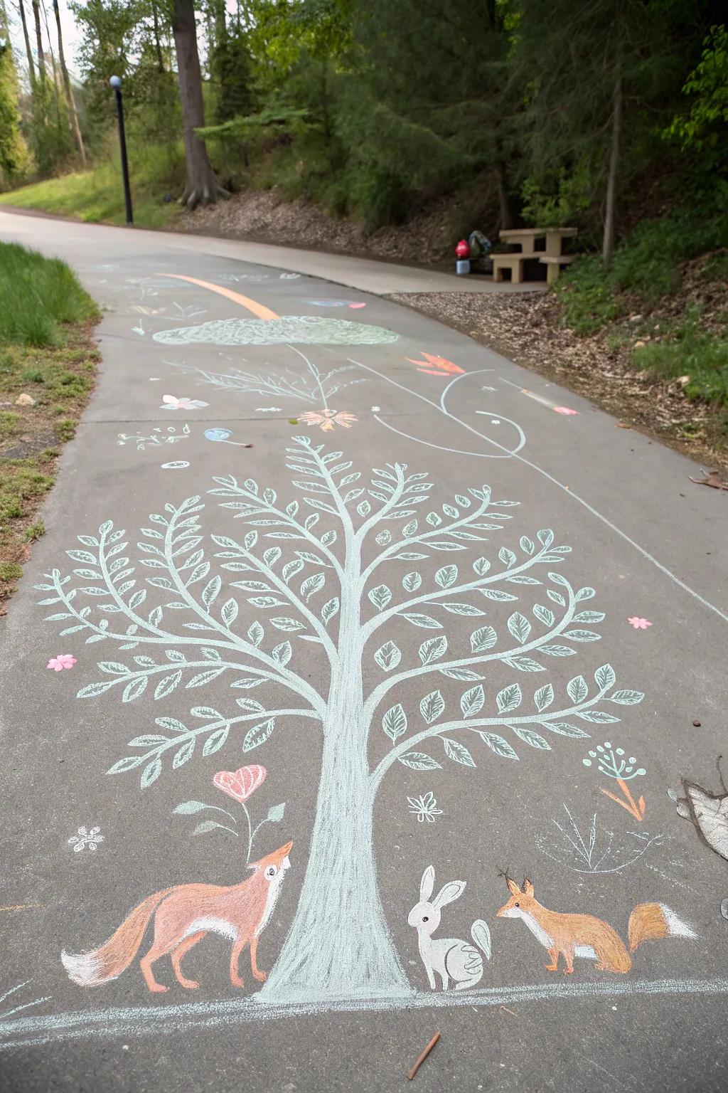 Step into a whimsical world with this enchanting chalk art forest scene, where simplicity meets natural beauty.