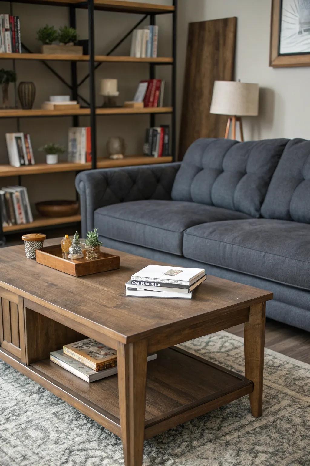 Wooden accents add warmth to the dark grey couch environment.