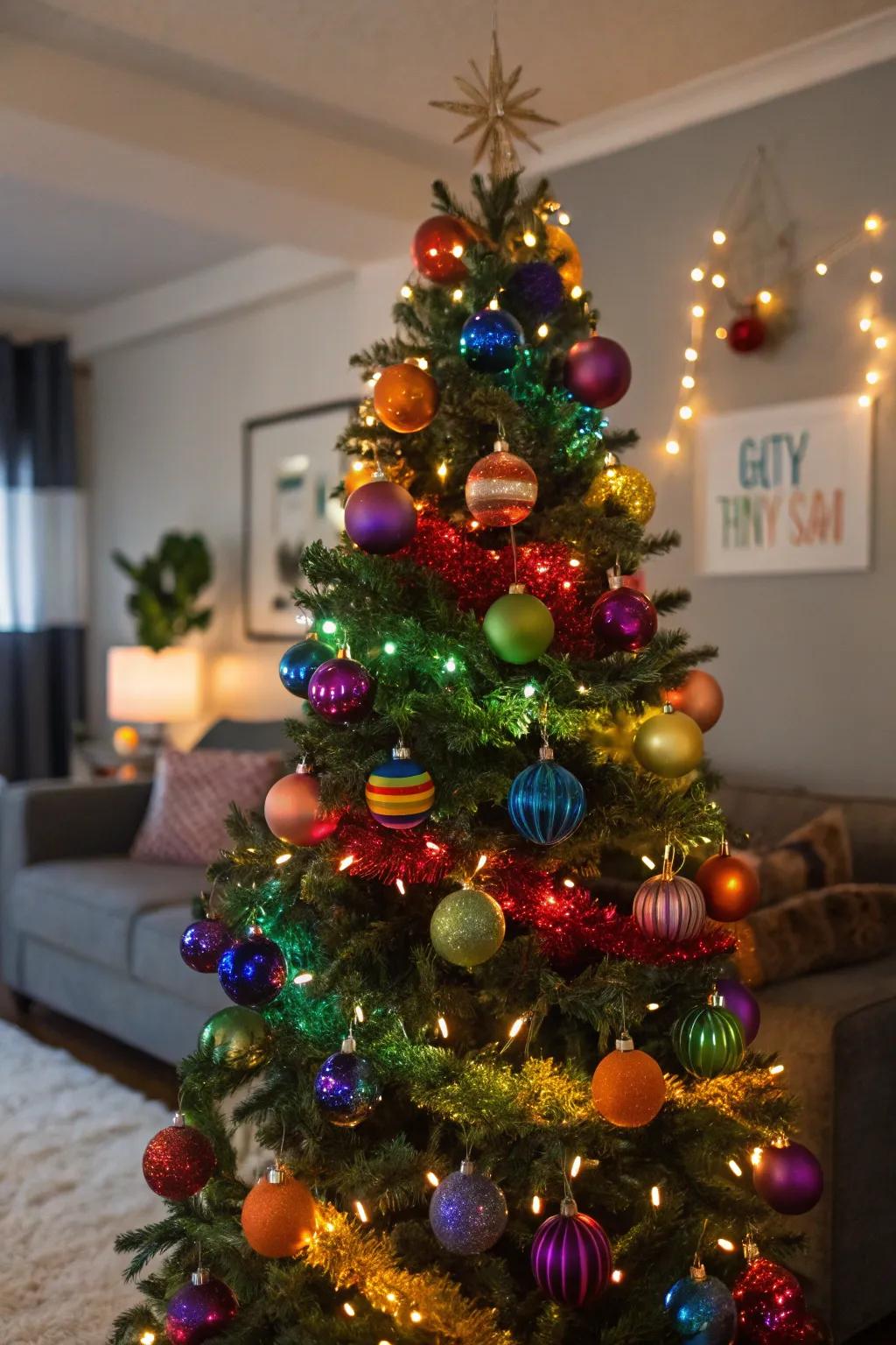 Joyful and vibrant with a rainbow explosion-themed Christmas tree.