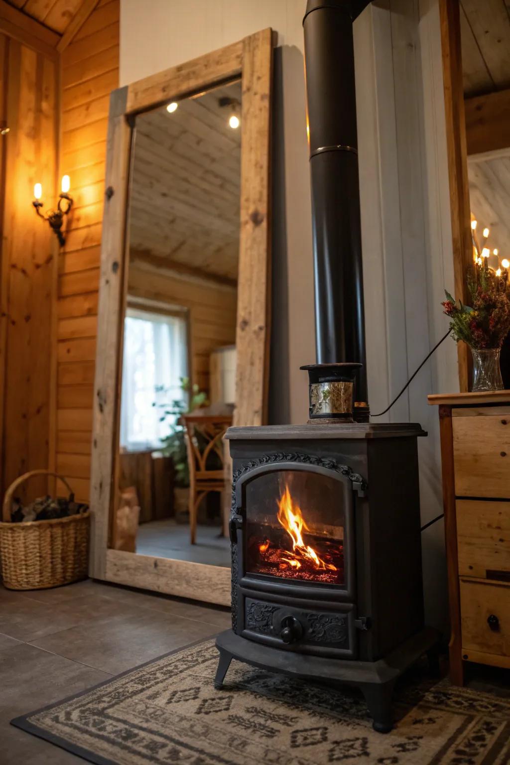 Mirrors enhance light and make the room feel more open around the stove.