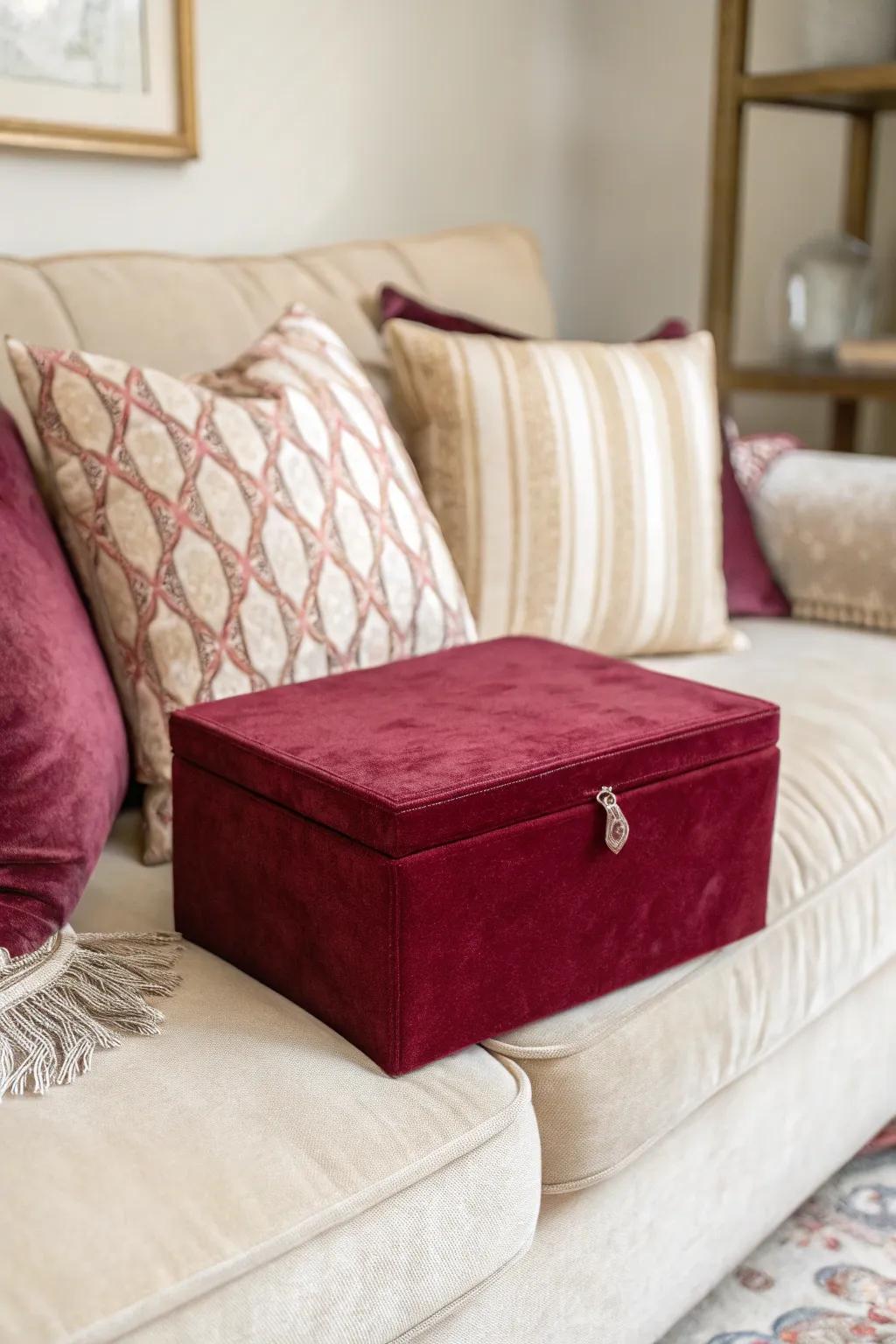 A luxurious velvet-covered box for a cozy living space.