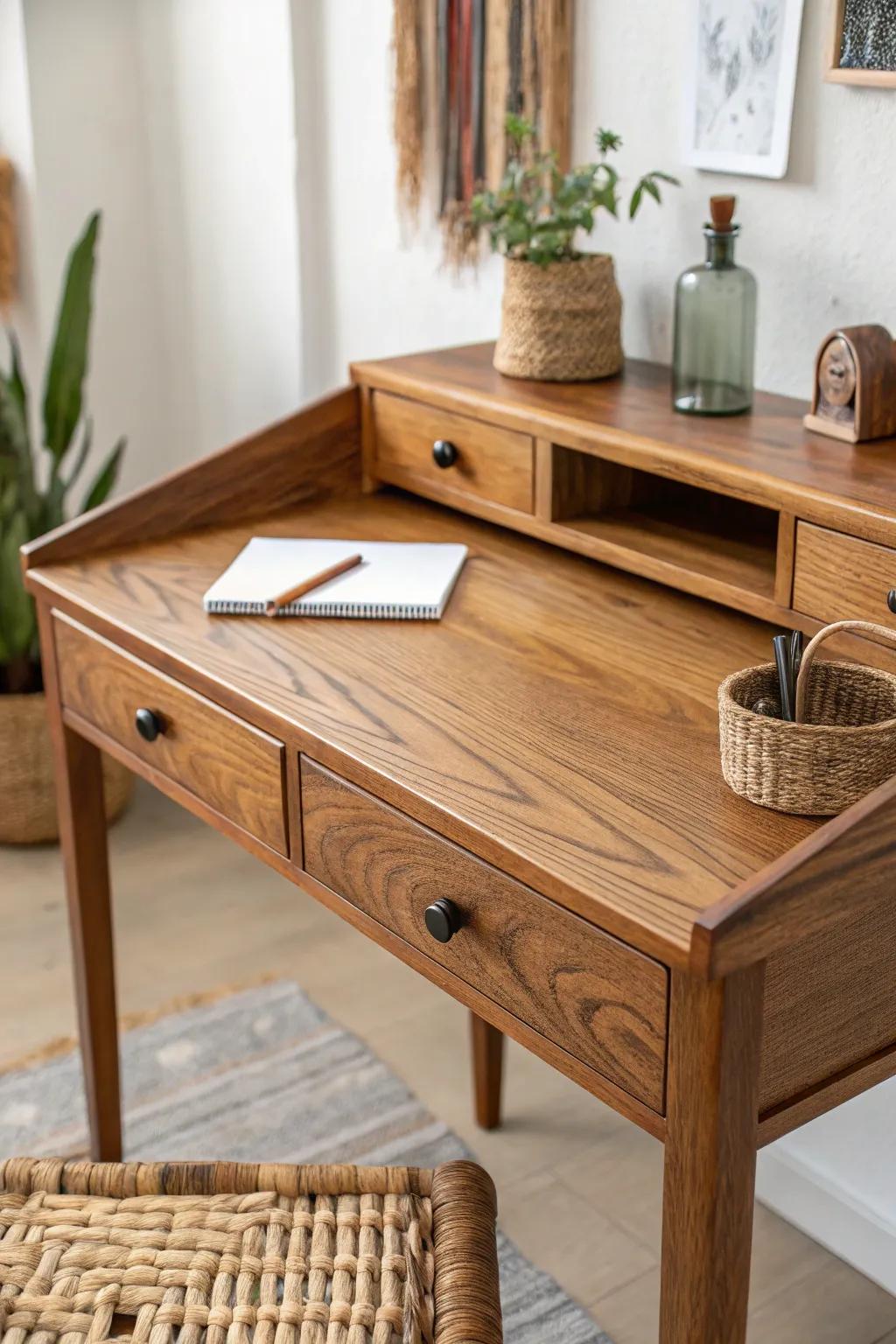 Embrace the beauty of natural wood with a rustic revival desk, where simplicity meets elegance.