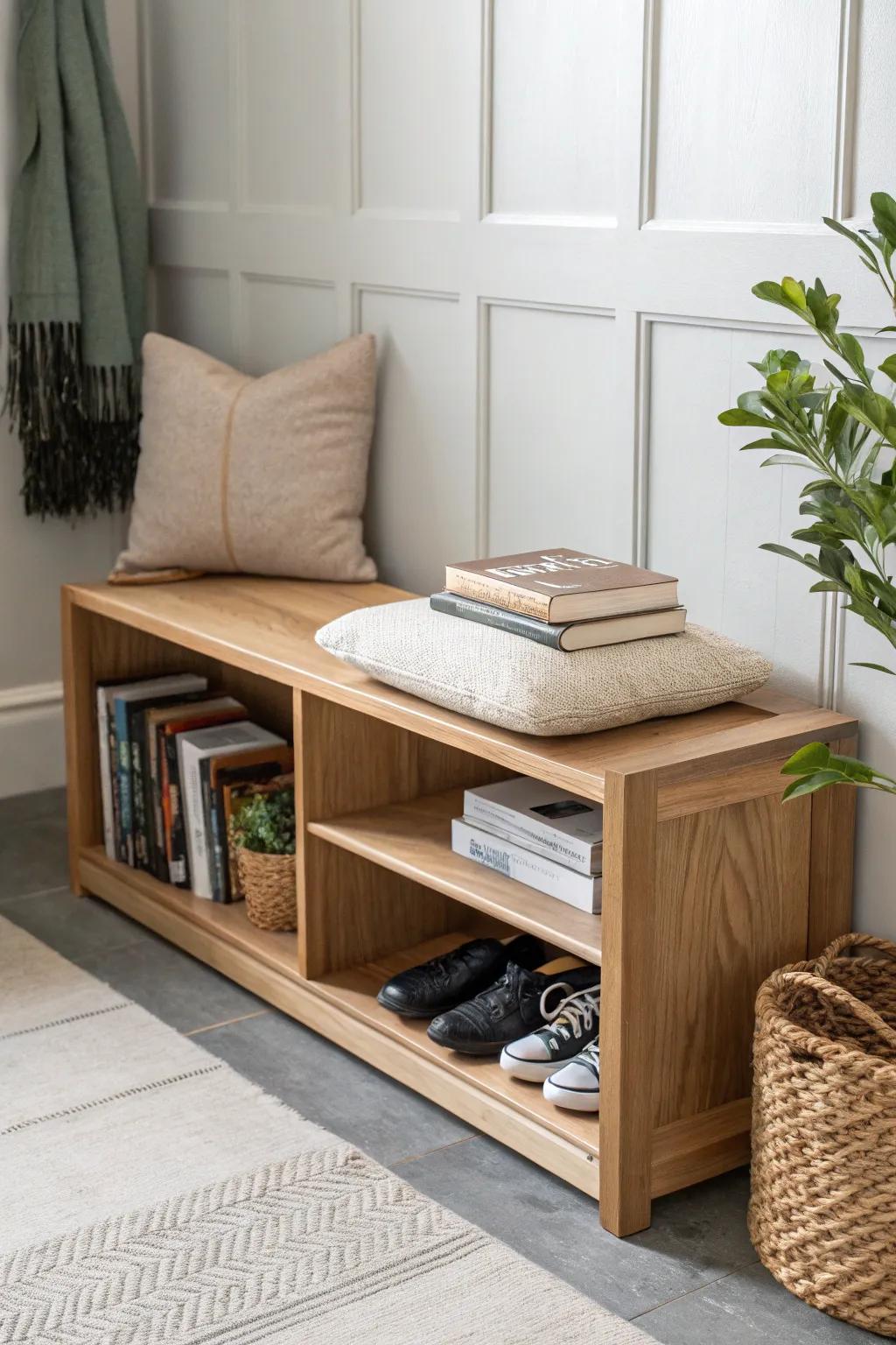 Elevate your small space with a chic and functional bookshelf bench—where style meets practicality. 🌿📚