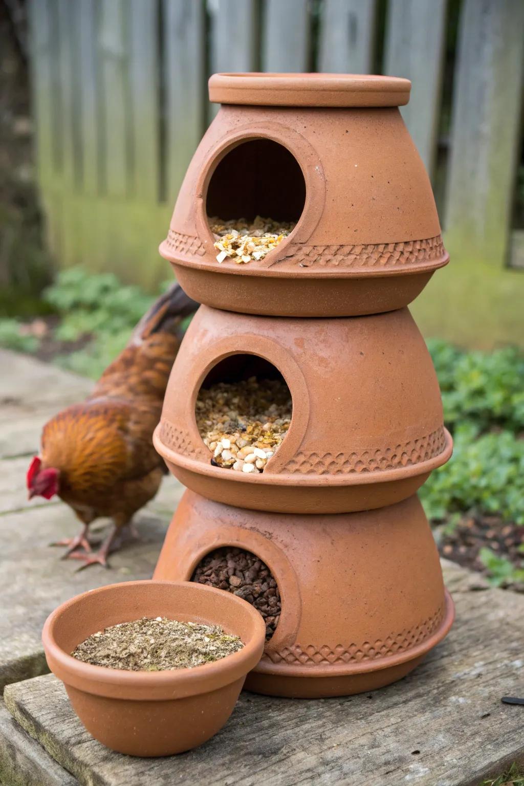 Elevate your backyard with this elegant DIY clay pot chicken feeder, where style meets functionality.