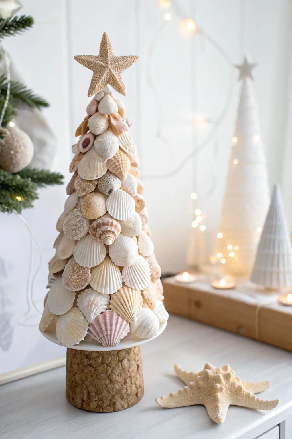 Bring the beach to your holiday decor with this stunning seashell Christmas tree, perfect for a touch of coastal elegance.