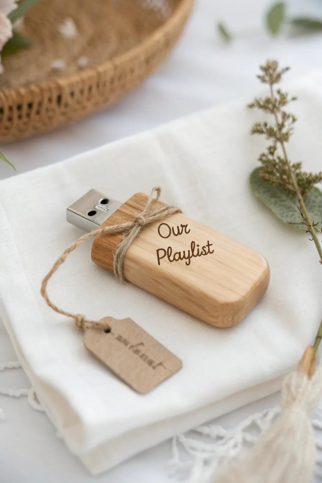 Capture the essence of your love story with a personalized playlist, beautifully presented on a handcrafted wooden USB. #MinimalistGifts #ScandiBoho