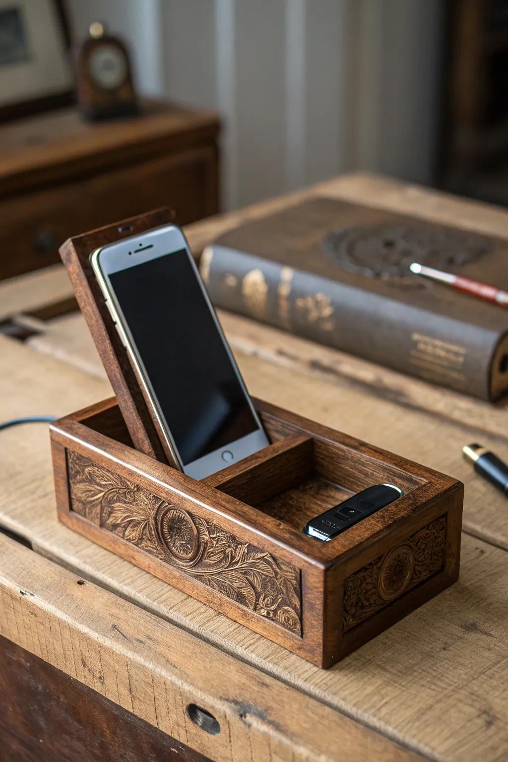 Elevate your desk with a handcrafted cigar box phone dock—where elegance meets functionality.