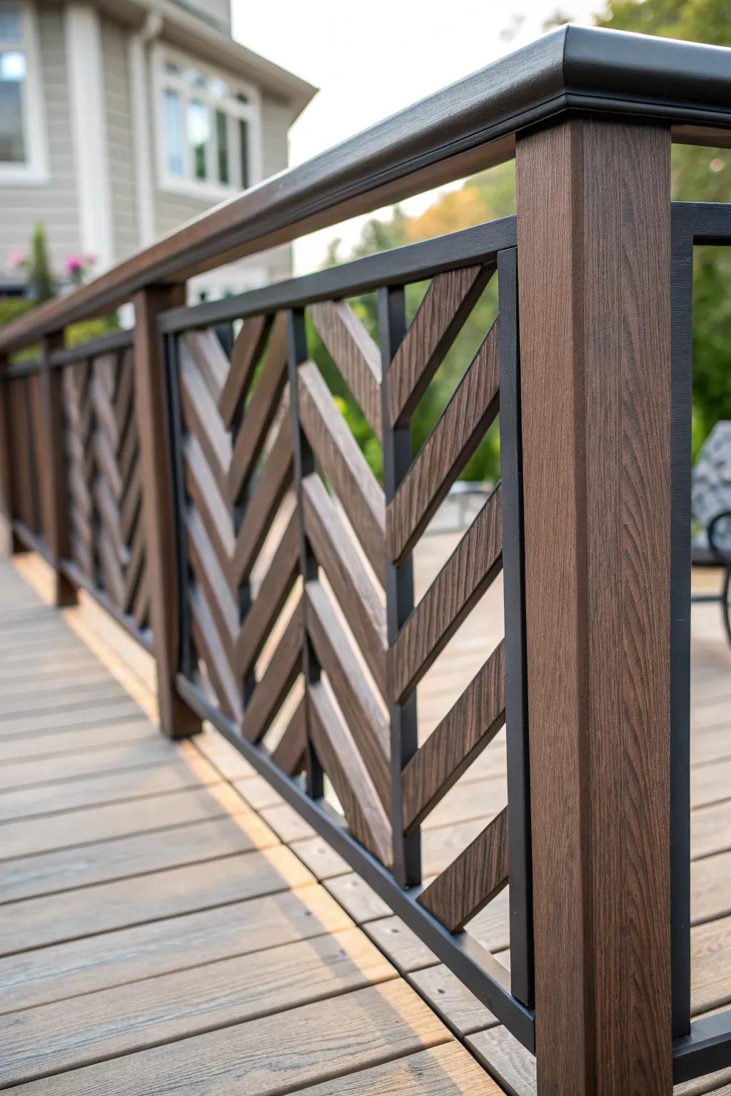 Elevate your deck with a sleek chevron railing that blends craftsmanship with modern design.