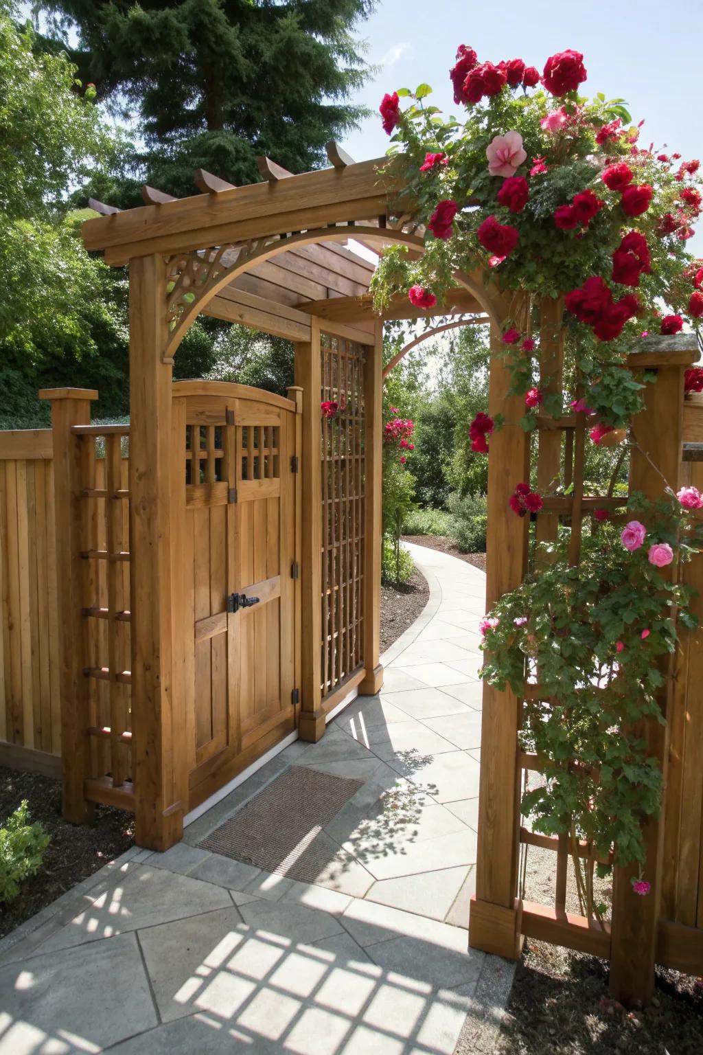 Elevate your dog run with an elegant arbor adorned with climbing roses, blending craftsmanship with nature's beauty.