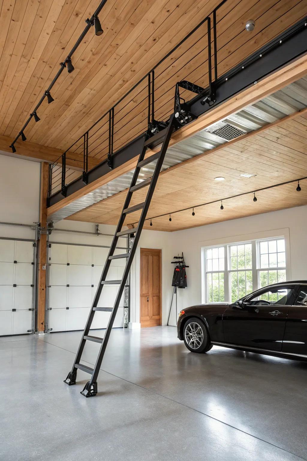 Elevate your garage space with stylish overhead ladder storage.