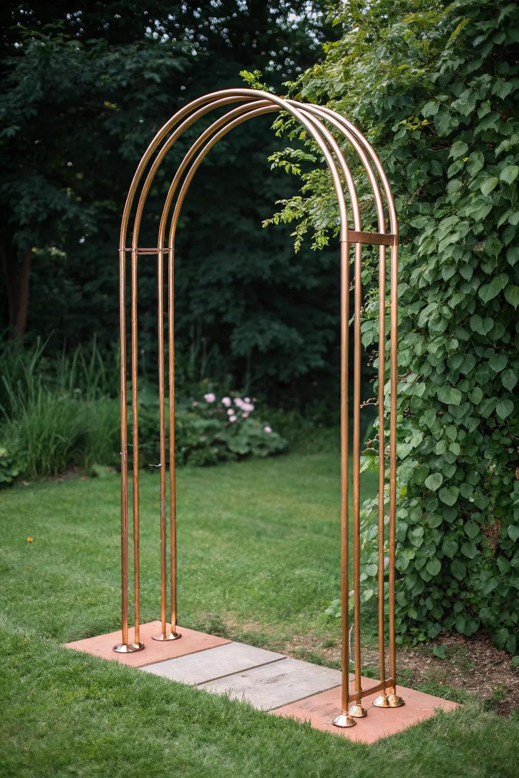 Embrace the elegance of copper with this stunning DIY garden arch, where minimalist design meets natural beauty.