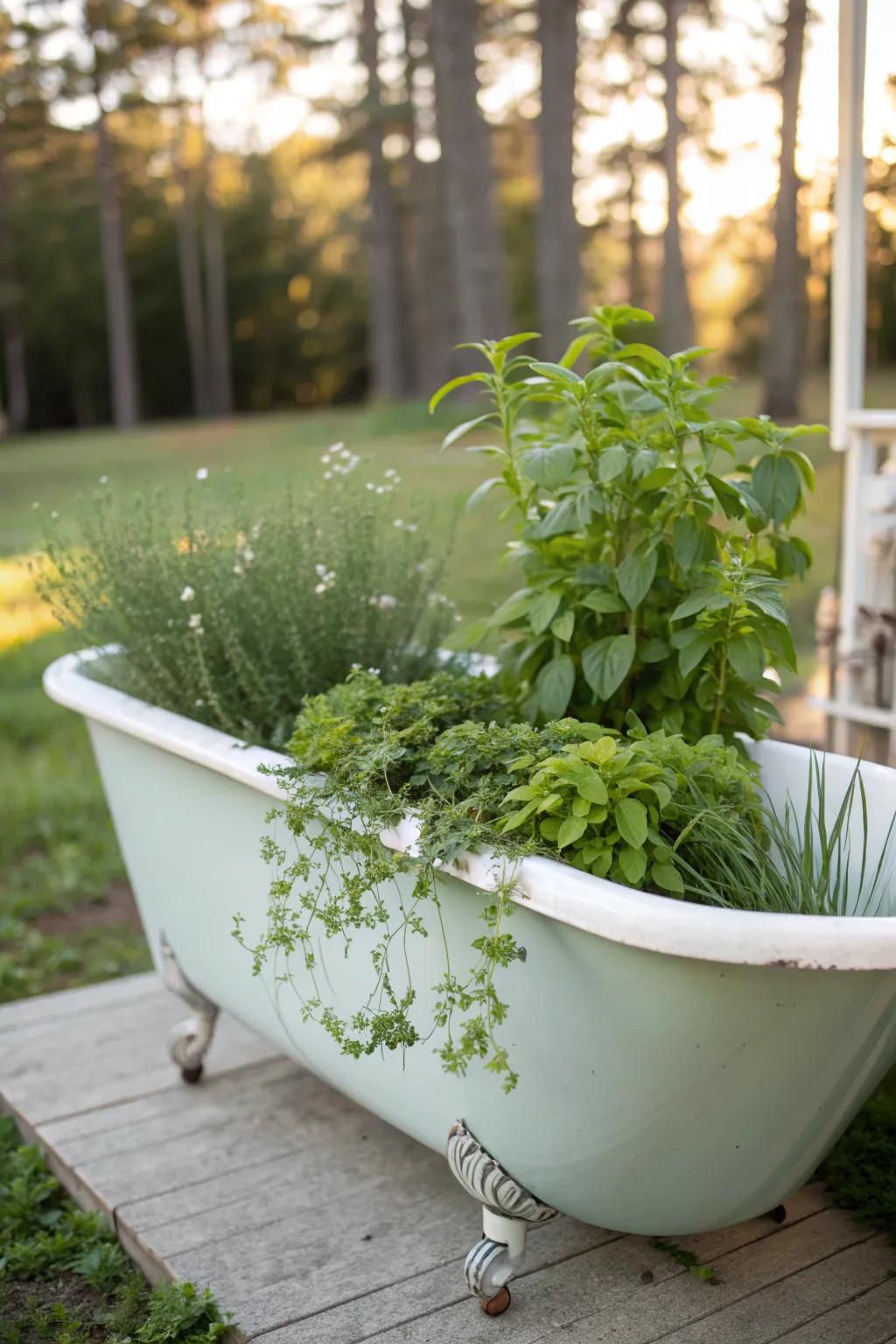 Transform your outdoor space with a charming bathtub herb garden—where vintage meets verdant elegance.
