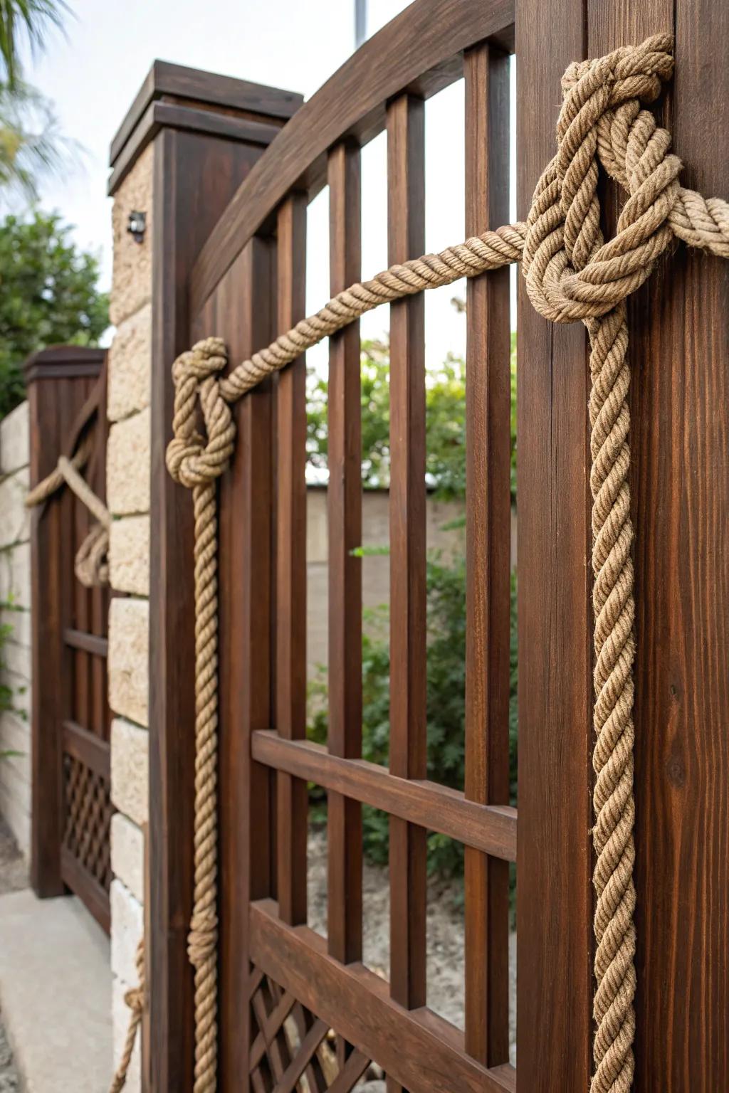 Elevate your garden's entrance with rustic rope accents that blend craftsmanship and nature.
