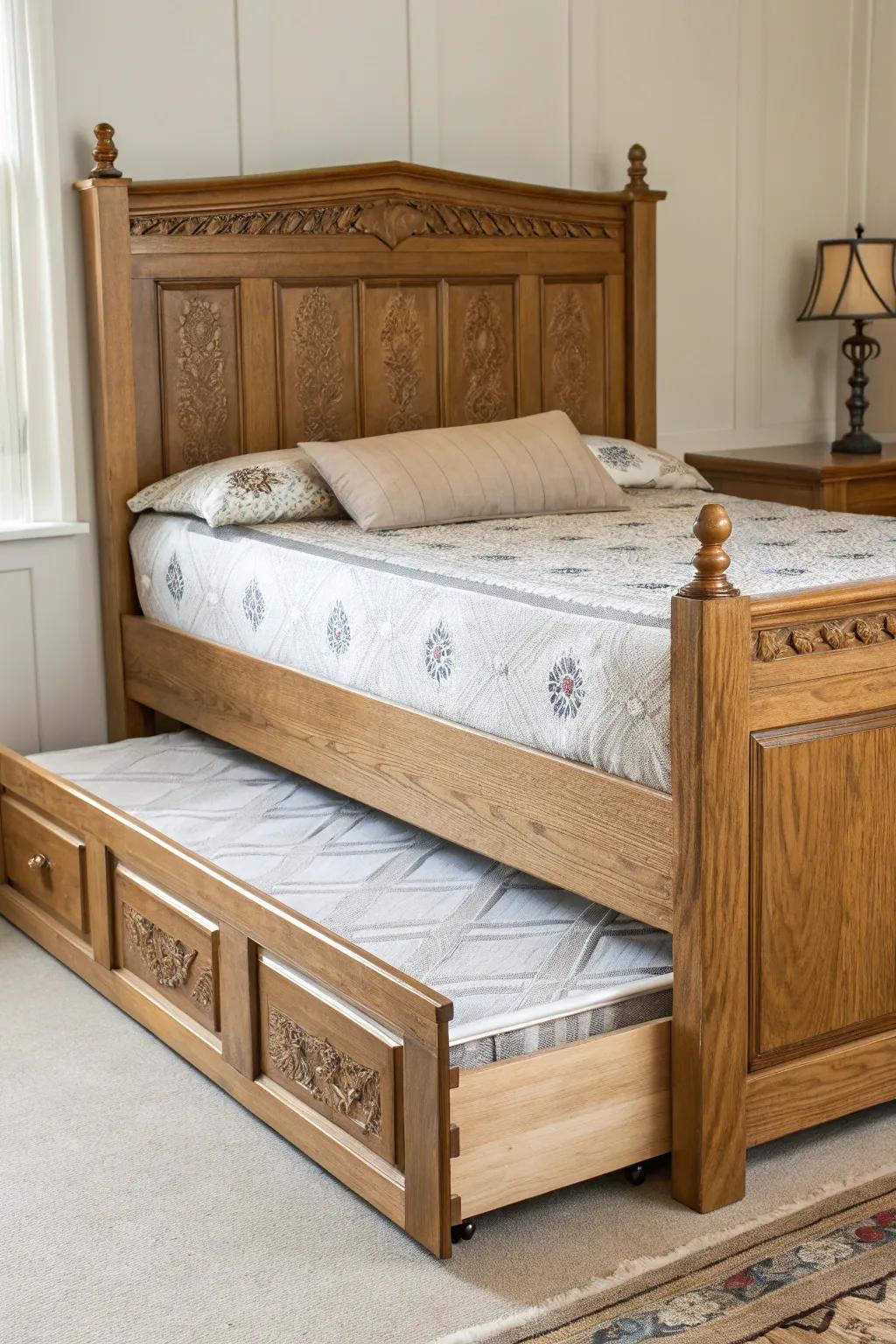 Craftsmanship meets functionality: A timeless trundle bed design for cozy sleepovers.