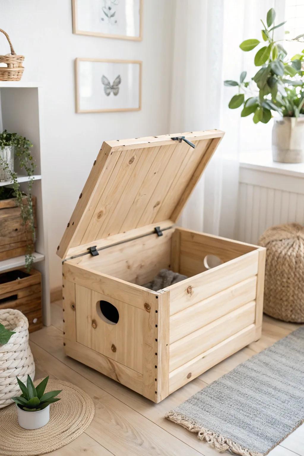 Transform your space with a stylish DIY wooden crate litter box – where simplicity meets elegance!