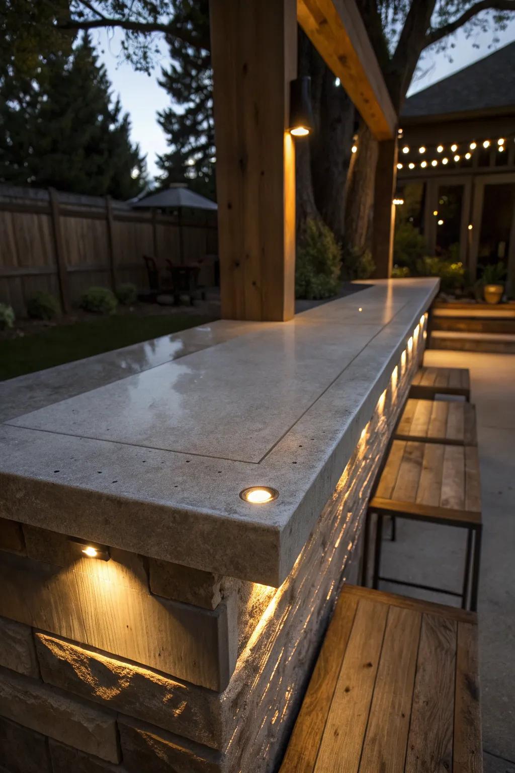 Illuminate your outdoor space with a touch of modern craftsmanship: a polished concrete countertop with embedded LED lights.