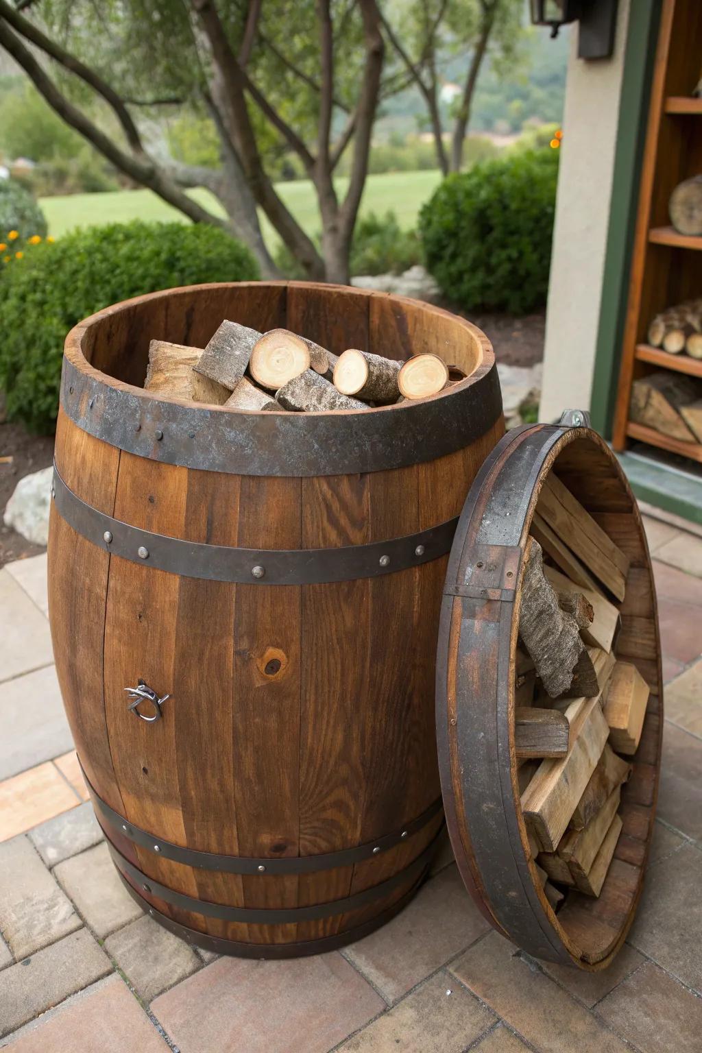Elevate your outdoor space with this elegant repurposed wine barrel storage solution.