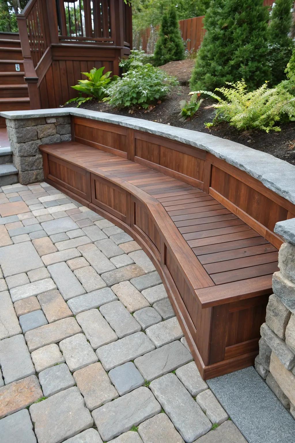 Elevate your patio experience with expertly crafted built-in bench seating, a blend of elegance and functionality.