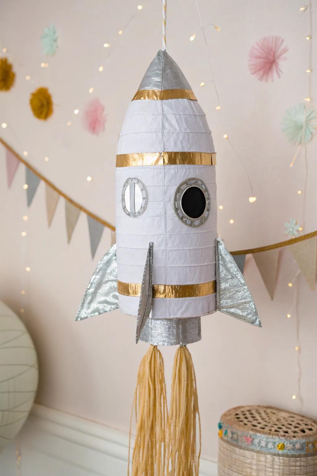 Elevate your celebrations with a handcrafted rocket ship piñata, where minimalism meets celestial charm.