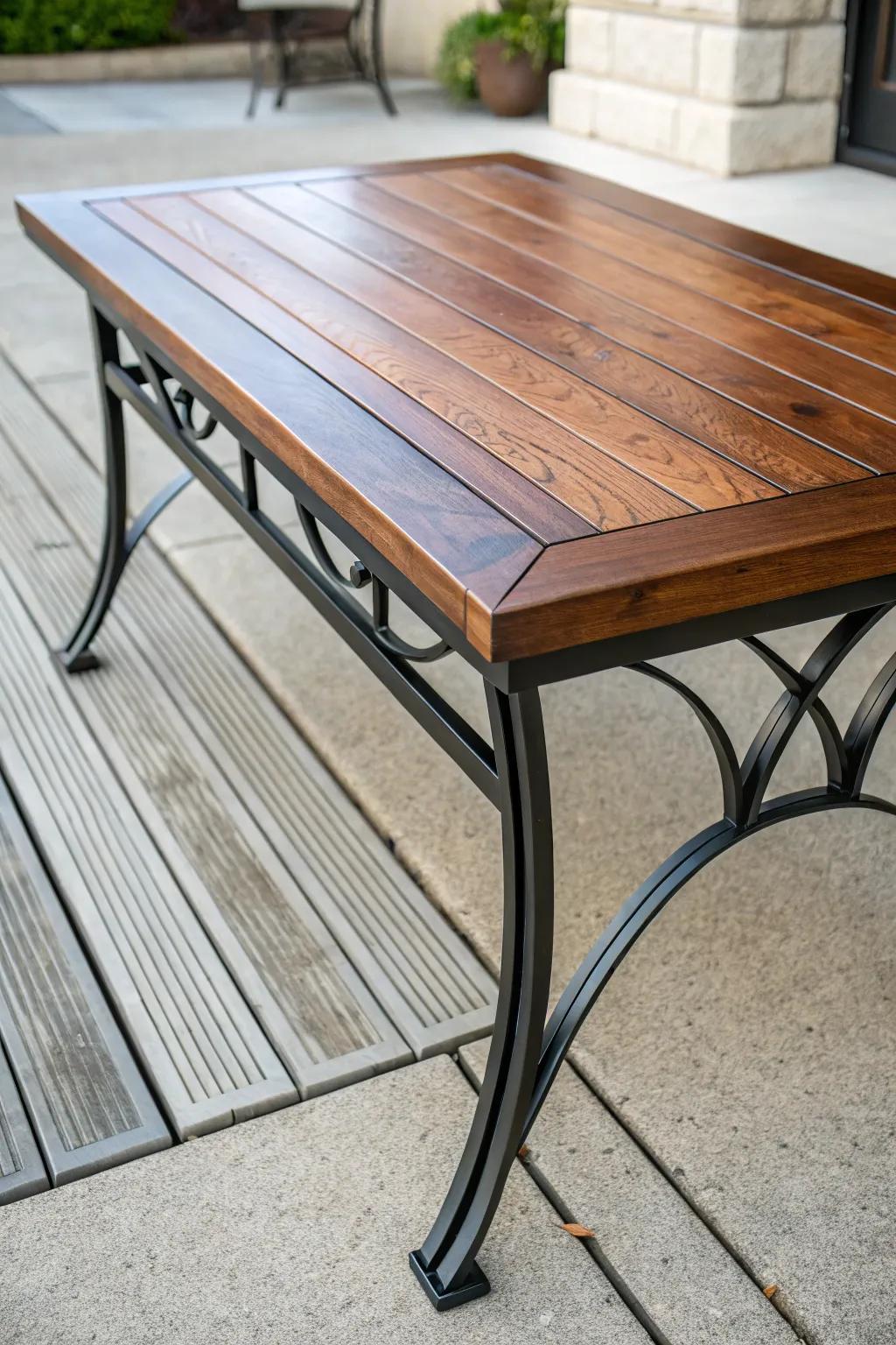 Elevate your outdoor space with this stunning metal and wood porch table—where industrial chic meets handcrafted elegance.