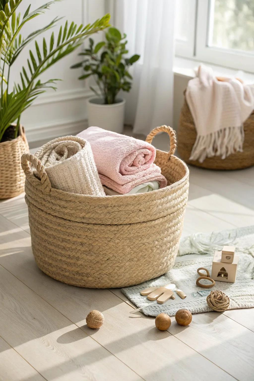 Embrace simplicity and style with a handcrafted rope basket—perfect for a cozy and organized space.