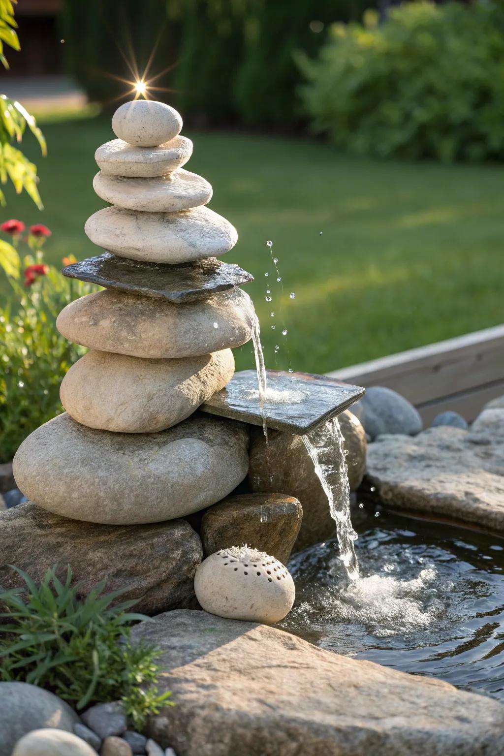 Harness the sun's energy with this stunning solar-powered rock fountain, where eco-friendliness meets minimalist beauty.